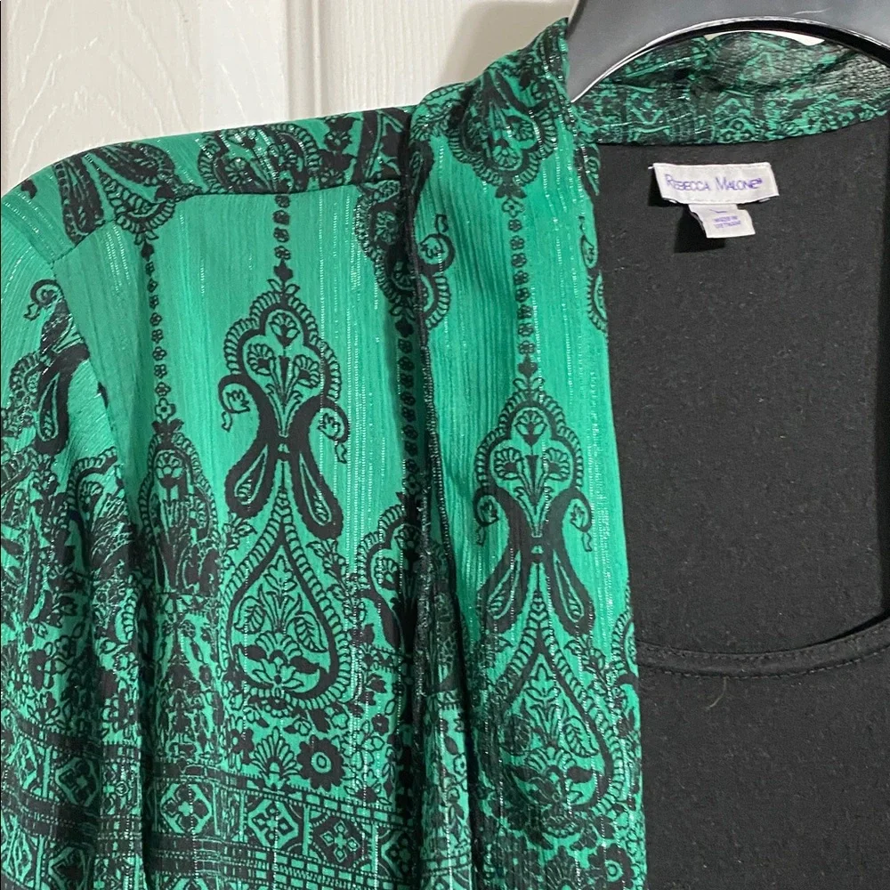 Rebecca Malone green & black festive blouse size LARGE - Picture 4 of 13